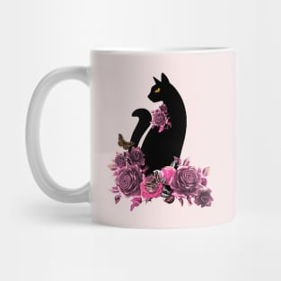 black color cat with butterfly moth and flowers, cats lovers design Mug